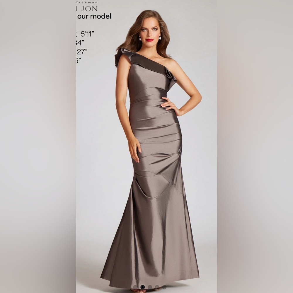 Teri Jon One Shoulder Pleat Draped Stretch Taffeta Dress Gown Bronze 8